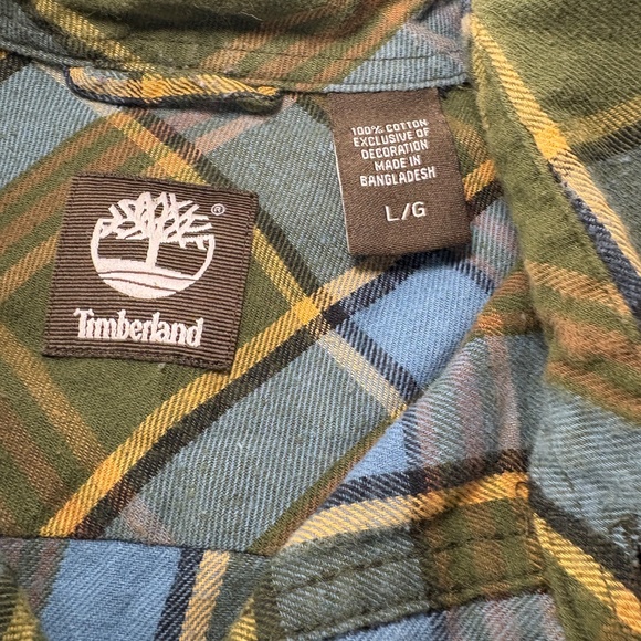 Timberland 100% Cotton Flannel Green/Blue Plaid Shirt Large - Picture 3 of 6